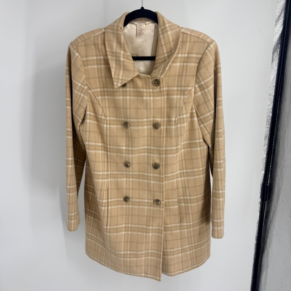 Sundance Tan Plaid Wool Blend Double Breasted Pea Coat Jacket M Neutral Fall